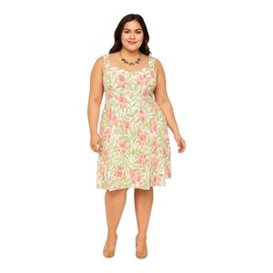 Connected Apparel Women's Plus Coral Green Floral Sundress Midi Dress 20W